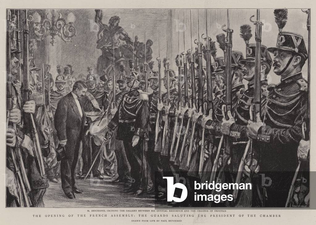 The Opening of the French Assembly, the Guards saluting the President of the Chamber (litho)