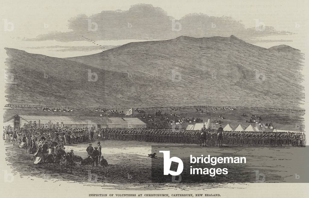 Inspection of Volunteers at Christchurch, Canterbury, New Zealand (engraving)