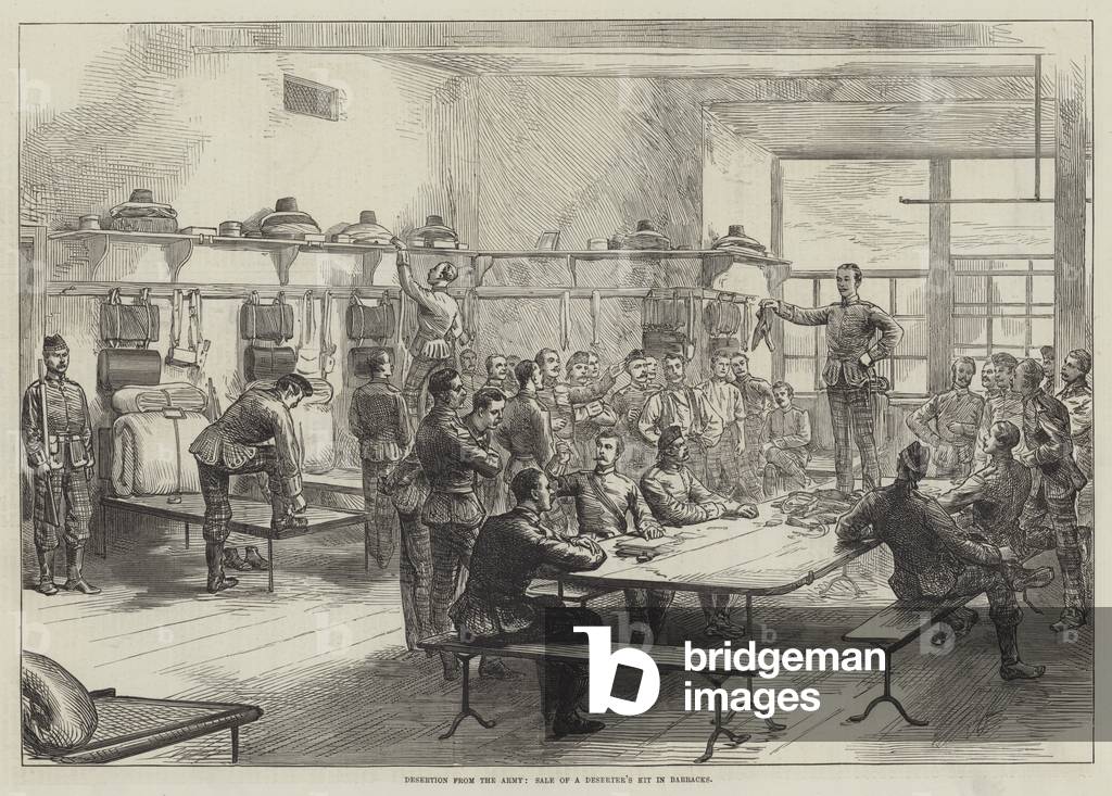 Desertion from the Army, Sale of a Deserter's Kit in Barracks (engraving)