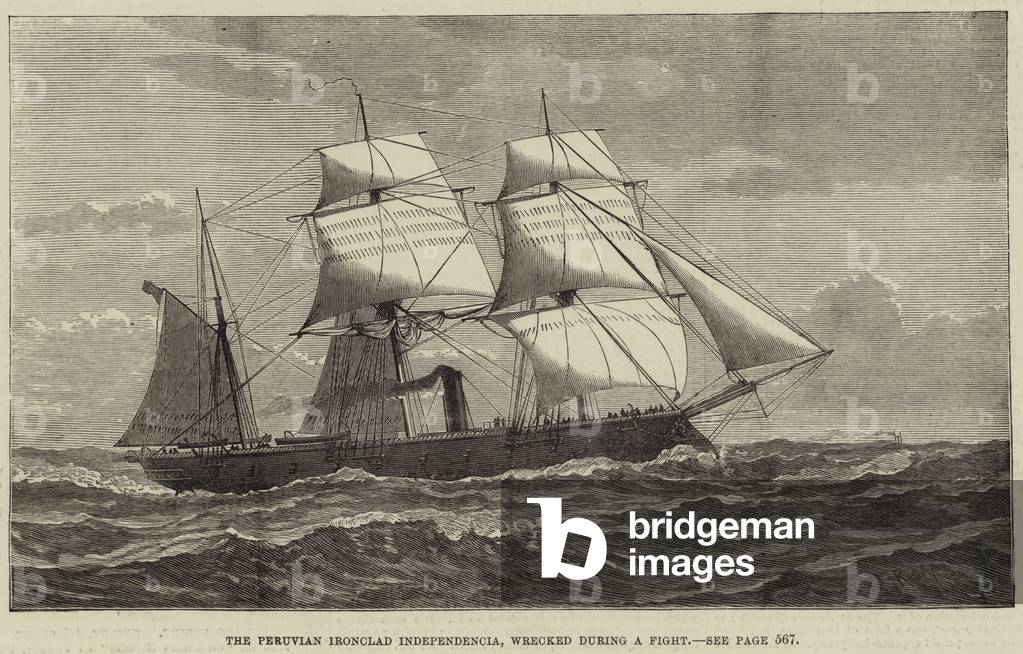 The Peruvian Ironclad Independencia, wrecked during a Fight (engraving)
