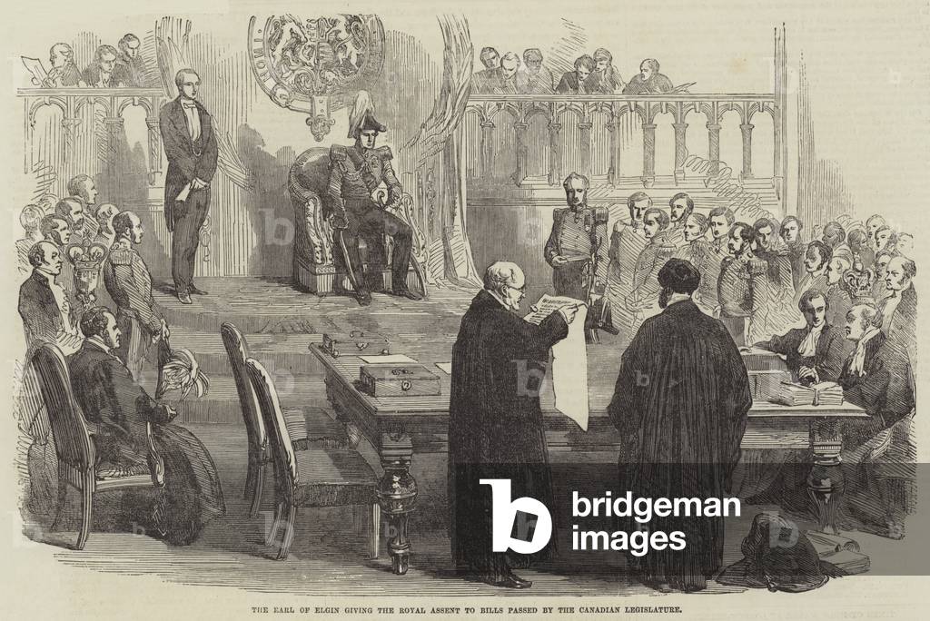 The Earl of Elgin giving the Royal Assent to Bills passed by the Canadian Legislature (engraving)