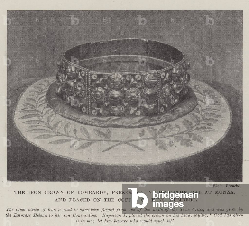 The Iron Crown of Lombardy, preserved in the Cathedral at Monza, and placed on the Coffin of King Humbert (b/w photo)
