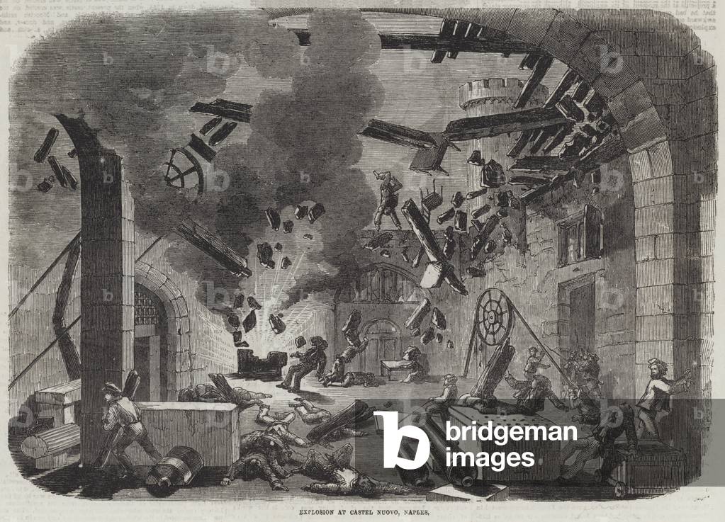 Explosion at Castel Nuovo, Naples (engraving)