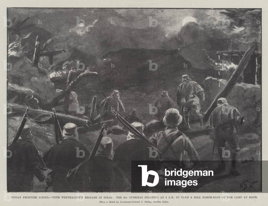 Indian Frontier Rising, with Westmacott's Brigade in Tirah, the 3rd Gurkhas starting at 4 AM to take a Hill North-East of the Camp at Bagh (litho)