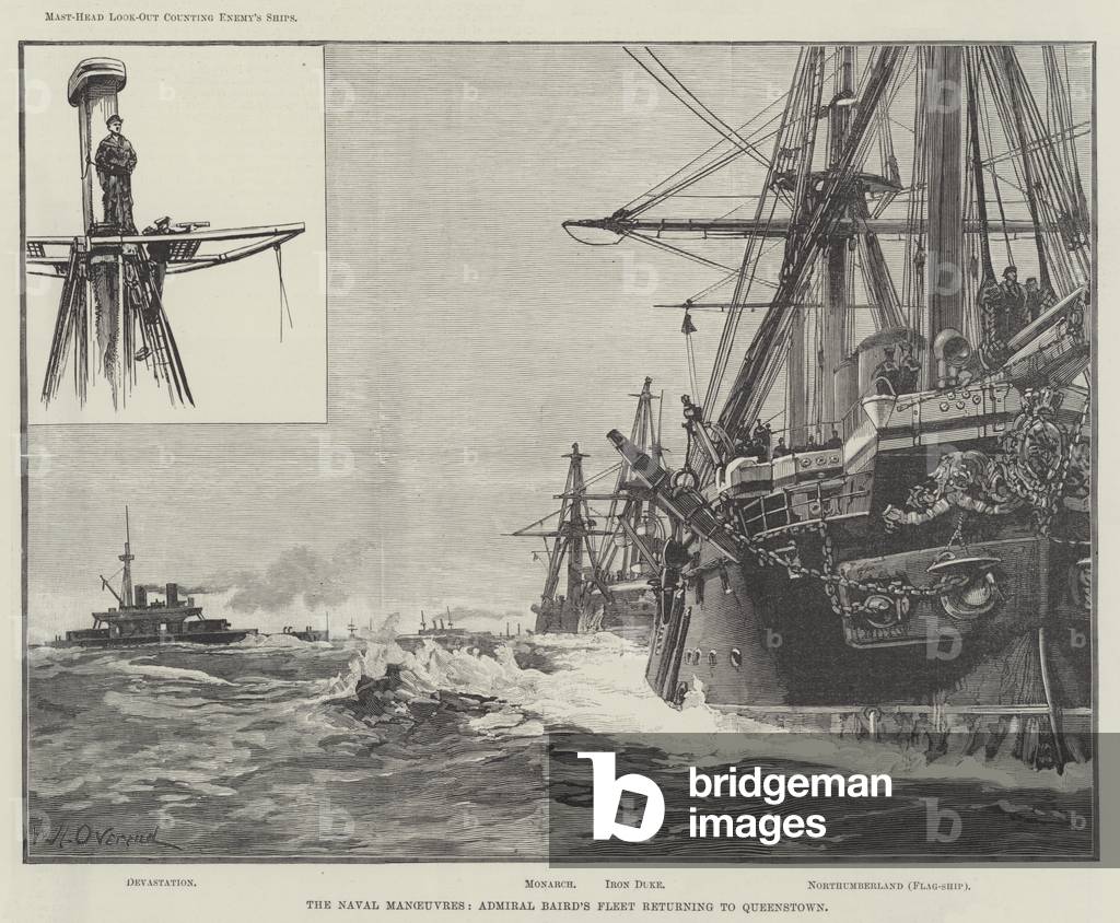 The Naval Manoeuvres, Admiral Baird's Fleet returning to Queenstown (engraving)