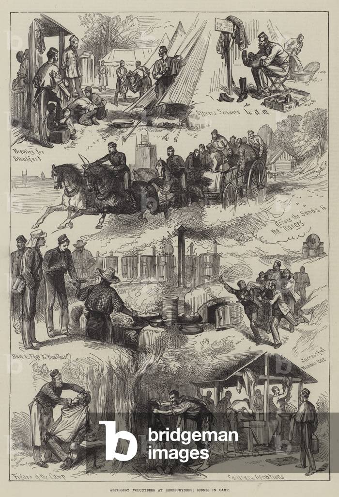 Artillery Volunteers at Shoeburyness, Scenes in Camp (engraving)