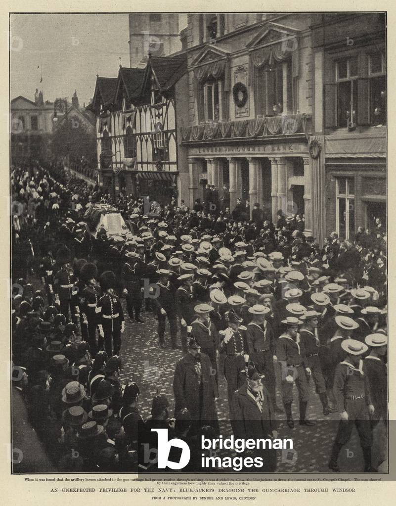 An unexpected Privilege for the Navy, Bluejackets dragging the Gun-Carriage through Windsor (b/w photo)