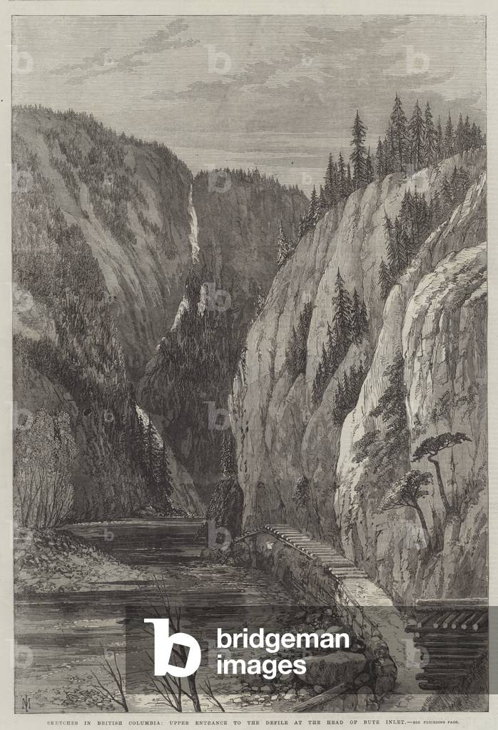 Sketches in British Columbia, Upper Entrance to the Defile at the Head of Bute Inlet (engraving)
