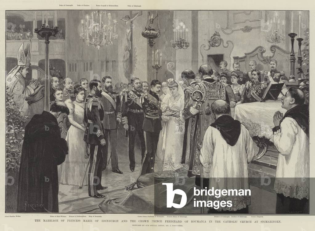 The Marriage of Princess Marie of Edinburgh and the Crown Prince Ferdinand of Roumania in the Catholic Church at Sigmaringen (engraving)