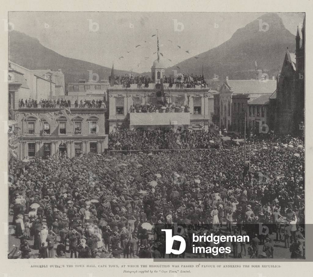 Assembly outside the Town Hall, Cape Town, at which the Resolution was passed in Favour of Annexing the Boer Republics (b/w photo)