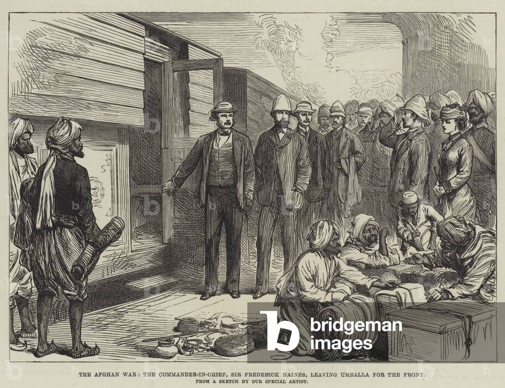 The Afghan War, the Commander-in-Chief, Sir Frederick Haines, leaving Umballa for the Front (engraving)
