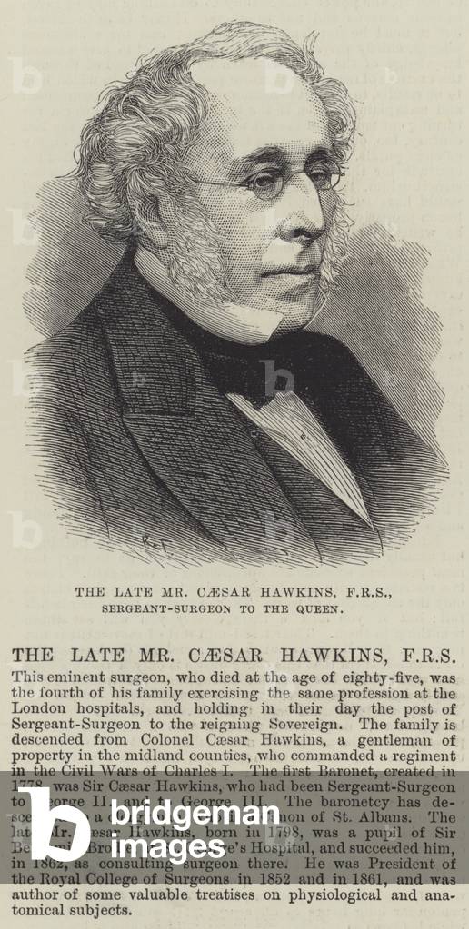 The late Mr Caesar Hawkins, FRS, Sergeant-Surgeon to the Queen (engraving)
