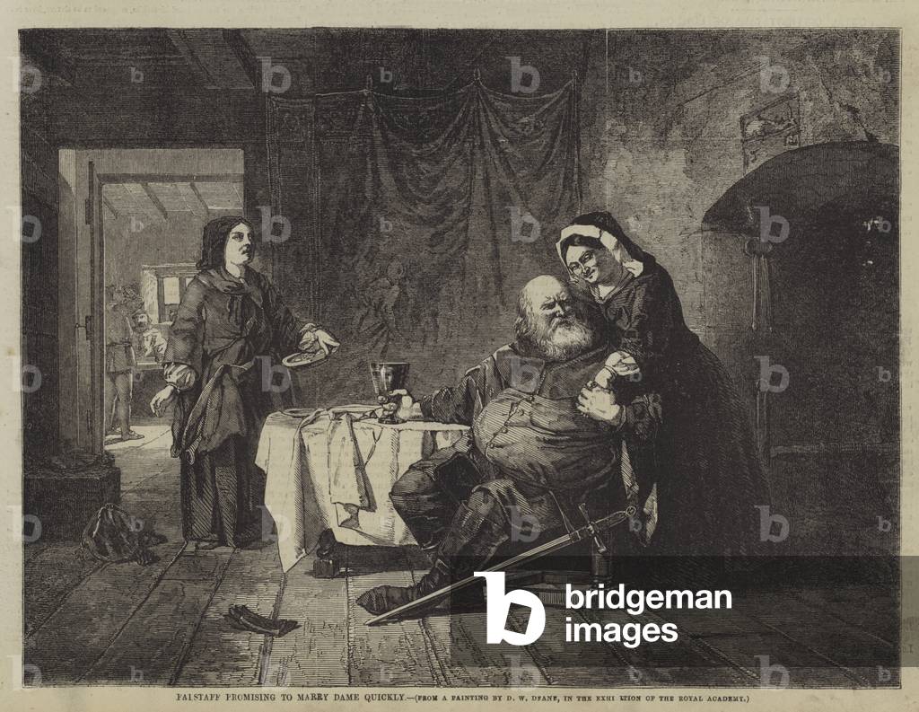 Falstaff promising to marry Dame quickly (engraving)