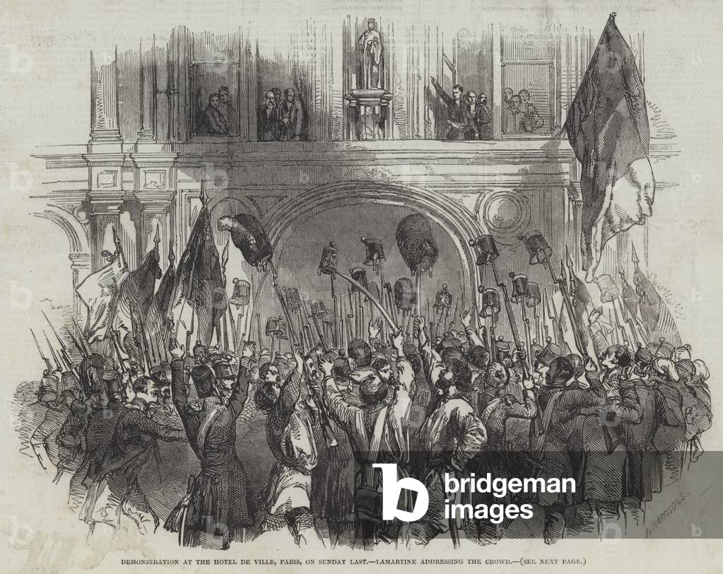 Demonstration at the Hotel de Ville, Paris, on Sunday Last, Lamartine addressing the Crowd (engraving)