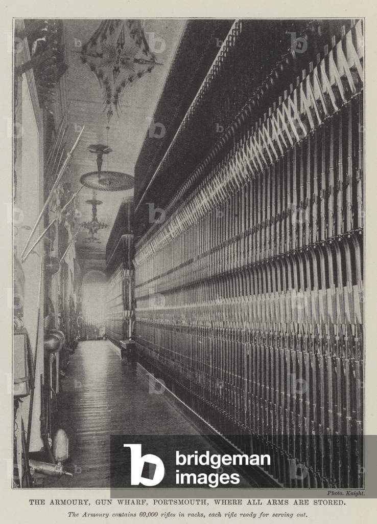 The Armoury, Gun Wharf, Portsmouth, where all Arms are stored (b/w photo)