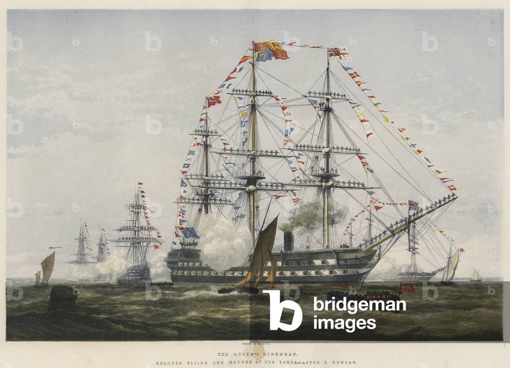 The Queen's Birthday, Colours flying and manned at the Yards (chromolitho)
