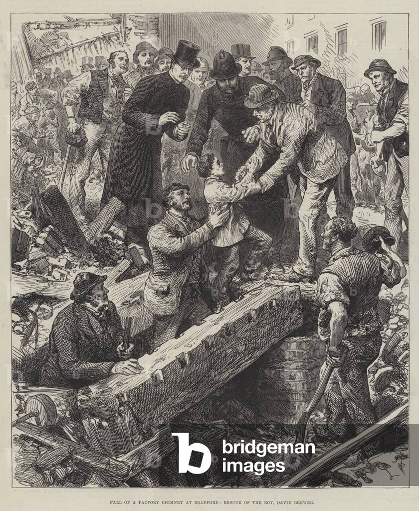 Fall of a Factory Chimney at Bradford, Rescue of the Boy, David Brewer (engraving)