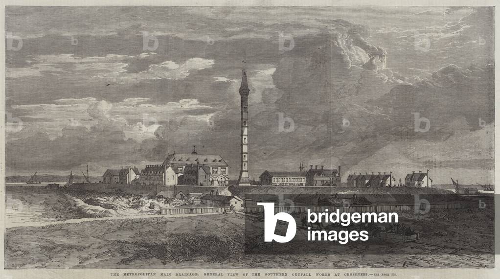 The Metropolitan Main Drainage, General View of the Southern Outfall Works at Crossness (engraving)