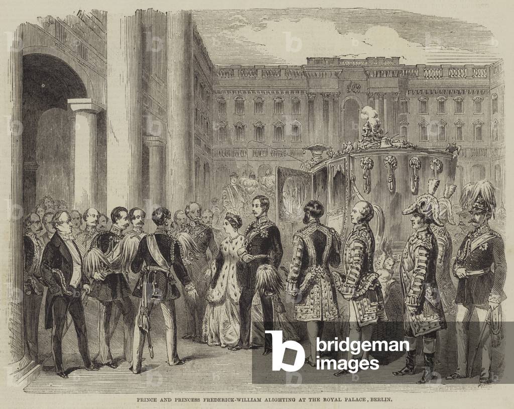 Prince and Princess Frederick-William alighting at the Royal Palace, Berlin (engraving)