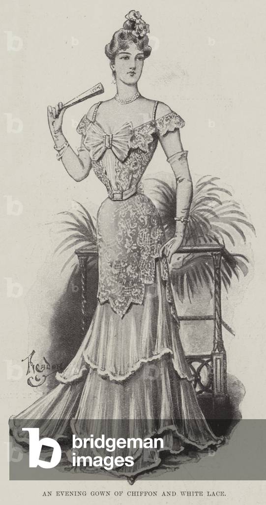 An Evening Gown of Chiffon and White Lace (litho)