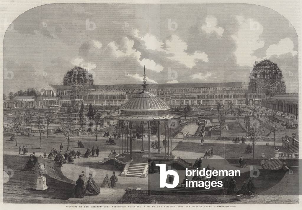 Progress of the International Exhibition Building, View of the Building from the Horticultural Gardens (engraving)