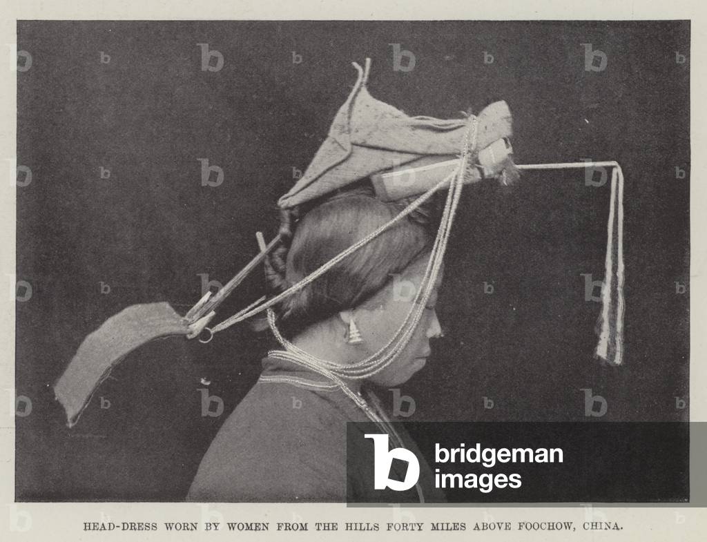Head-Dress worn by Women from the Hills Forty Miles above Foochow, China (b/w photo)