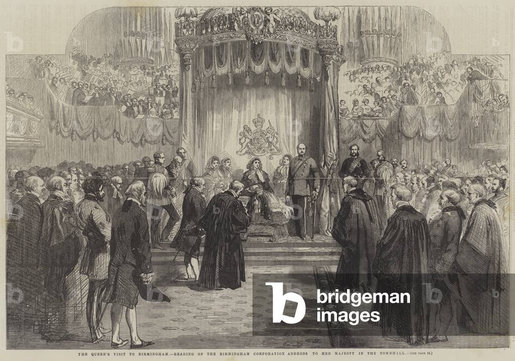 The Queen's Visit to Birmingham, Reading of the Birmingham Corporation Address to Her Majesty in the Townhall (engraving)