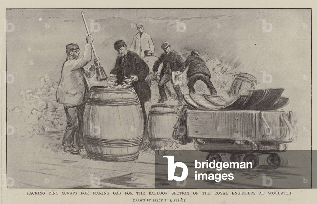Packing Zinc Scraps for making Gas for the Balloon Section of the Royal Engineers at Woolwich (litho)