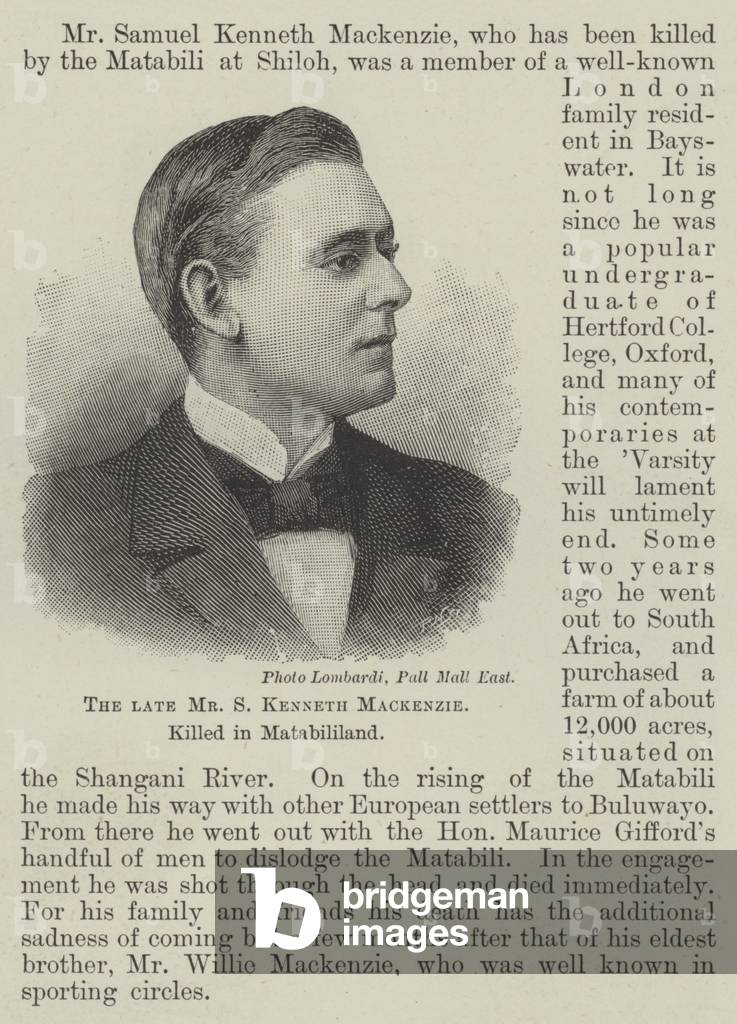The late Mr S Kenneth Mackenzie, killed in Matabililand (engraving)