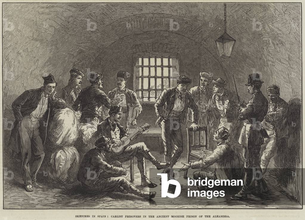 Sketches in Spain, Carlist Prisoners in the Ancient Moorish Prison of the Alhambra (engraving)