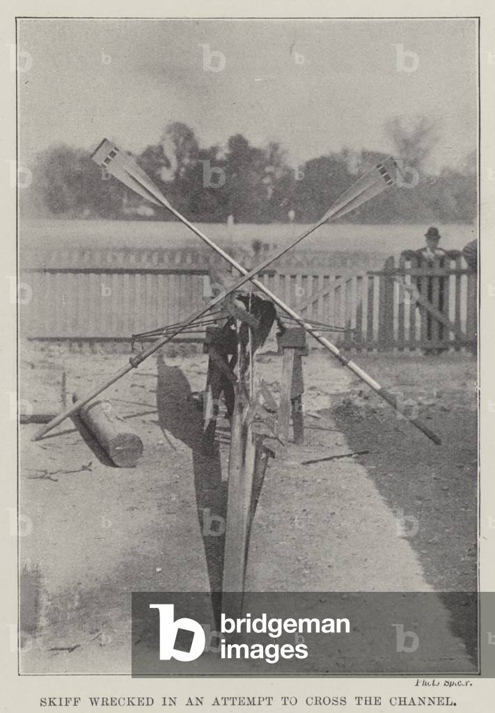Skiff wrecked in an Attempt to cross the Channel (b/w photo)
