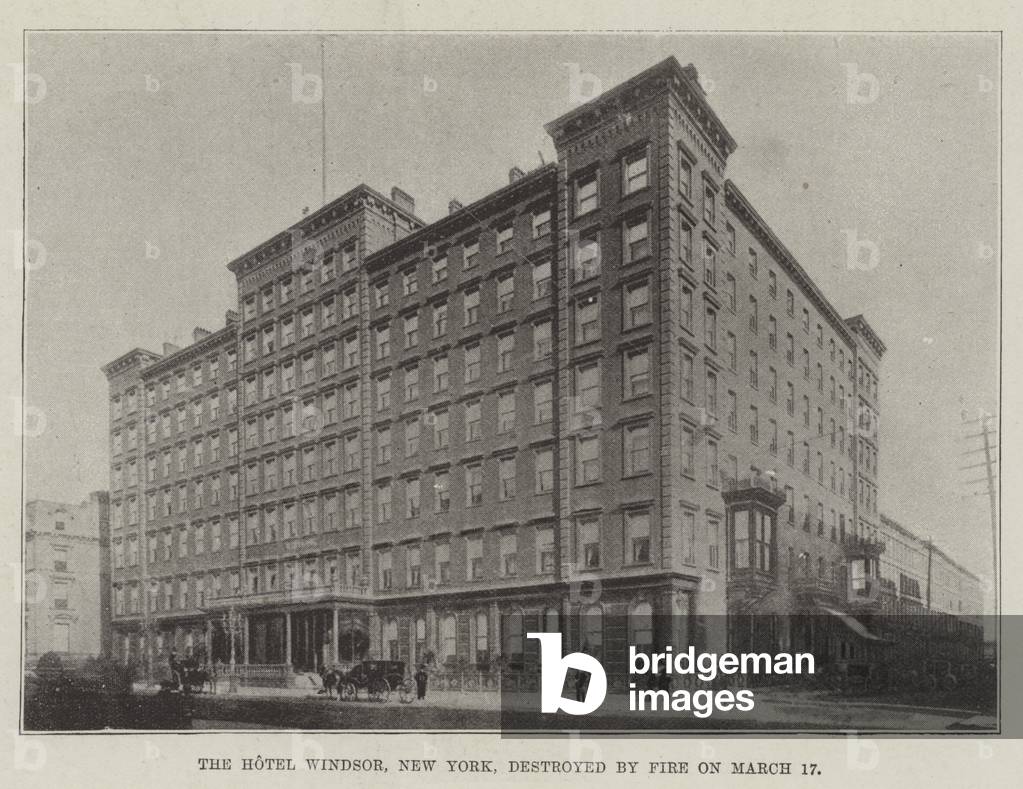 The Hotel Windsor, New York, destroyed by the Fire on 17 March (litho)