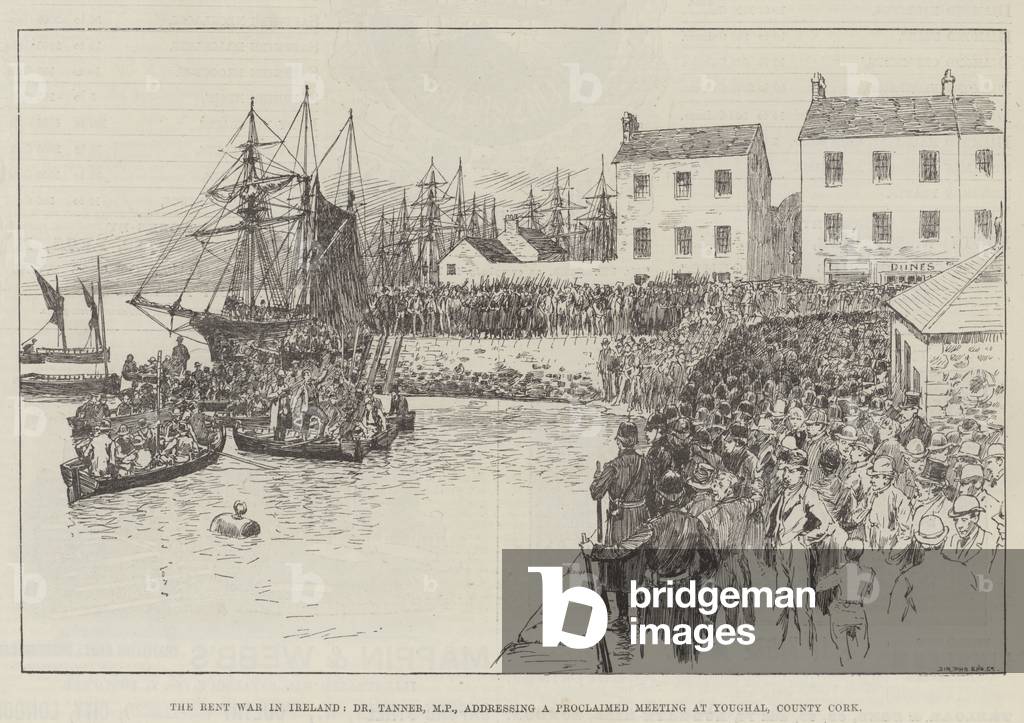 The Rent War in Ireland, Dr Tanner, MP, addressing a Proclaimed Meeting at Youghal, County Cork (engraving)