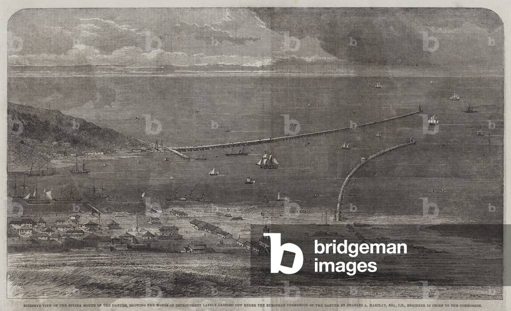 Birdseye View of the Sulina Mouth of the Danube, showing the Works of Improvement lately carried out under the European Commission of the Danube by Charles A Hartley, Esquire, CE, Engineer in Chief to the Commission (engraving)