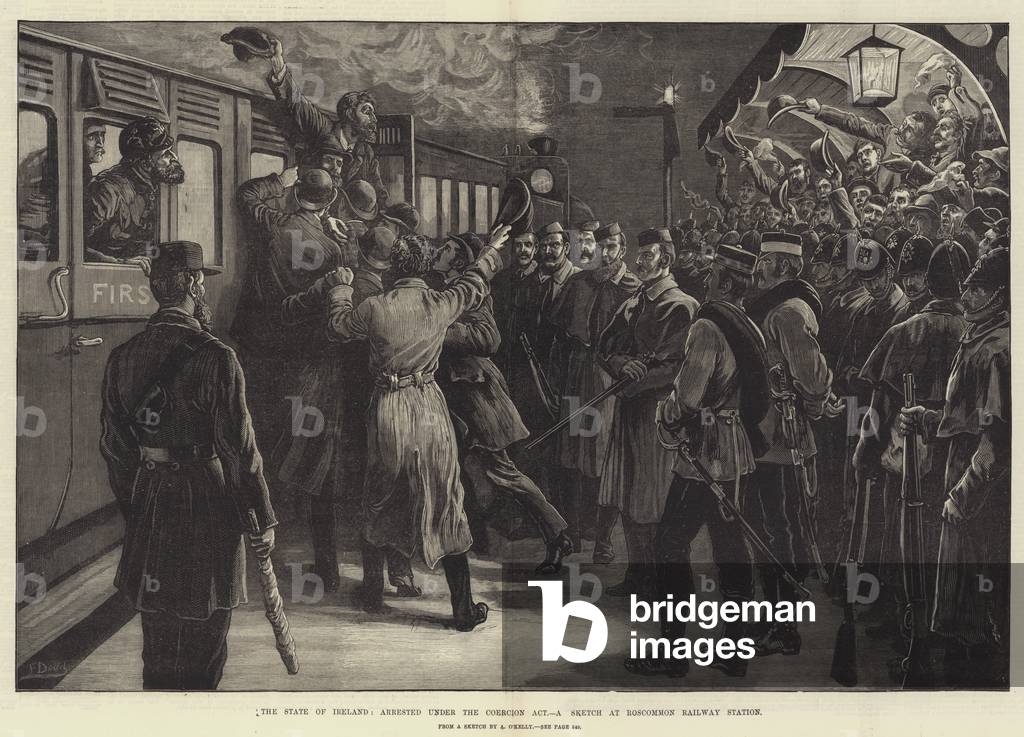 The State of Ireland, arrested under the Coercion Act, a Sketch at Roscommon Railway Station (engraving)