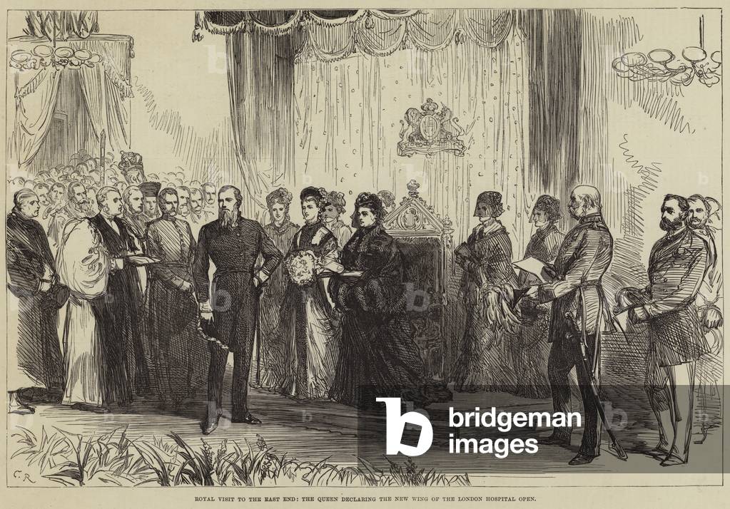 Royal Visit to the East End, the Queen declaring the New Wing of the London Hospital Open (engraving)