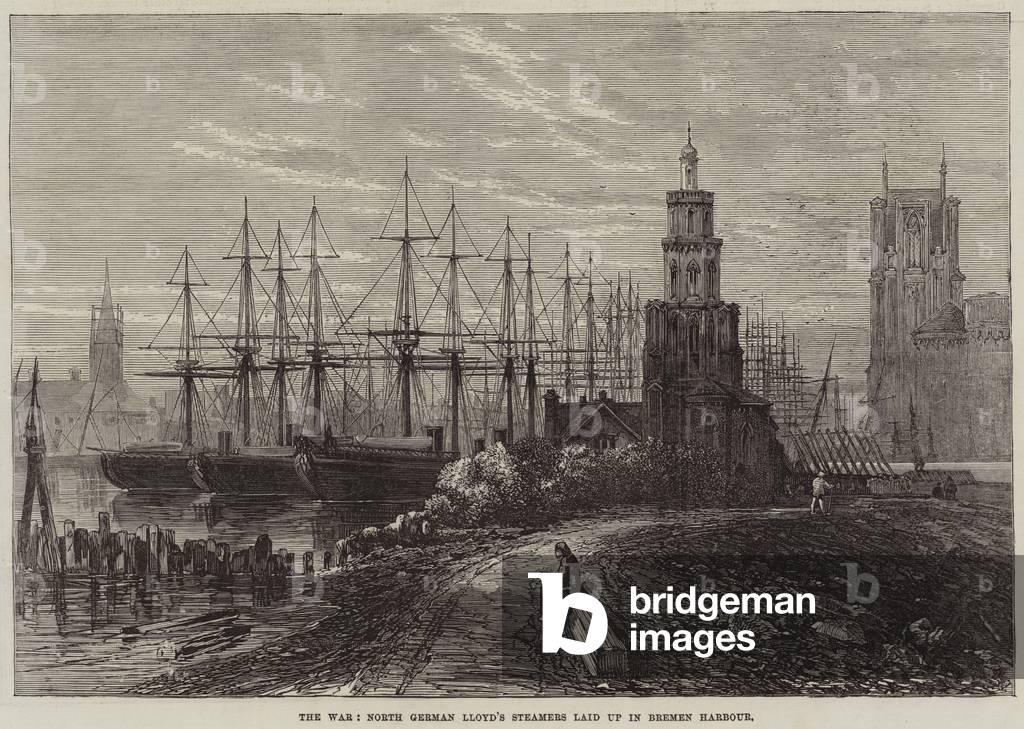 The War, North German Lloyd's Steamers laid up in Bremen Harbour (engraving)
