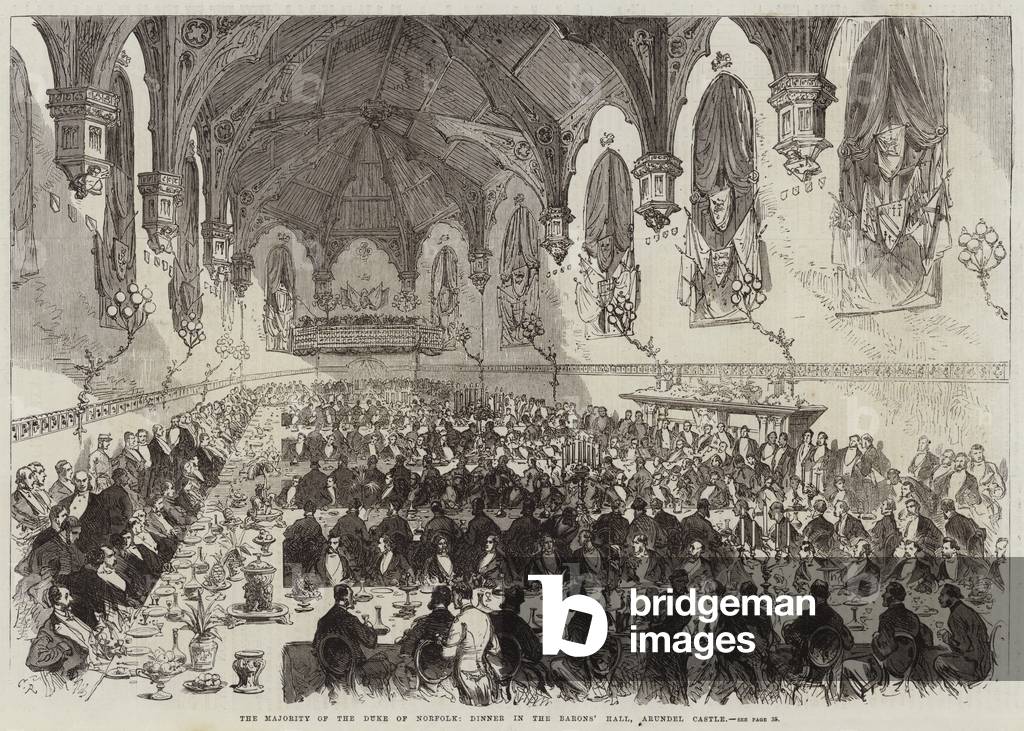 The Majority of the Duke of Norfolk, Dinner in the Barons' Hall, Arundel Castle (engraving)