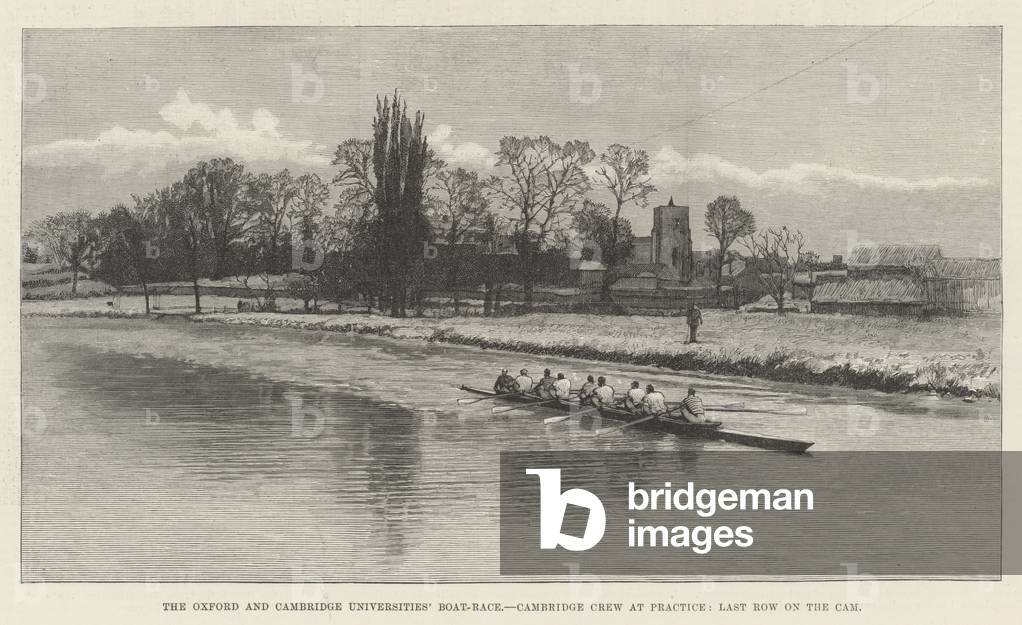 The Oxford and Cambridge Universities' Boat-Race, Cambridge Crew at Practice, Last Row on the Cam (engraving)