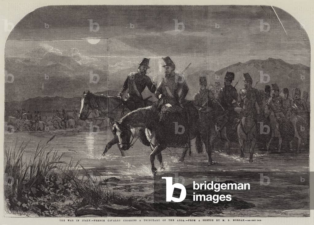 The War in Italy, French Cavalry crossing a Tributary of the Adda (engraving)