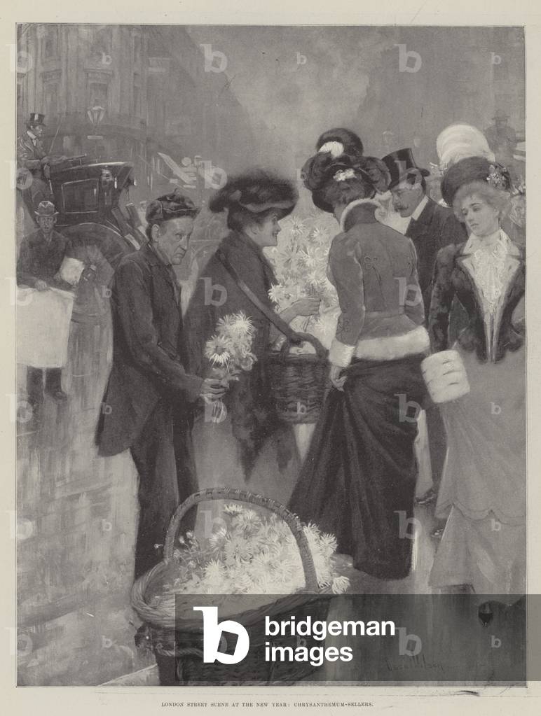 London Street Scene at the New Year, Chrysanthemum-Sellers (litho)