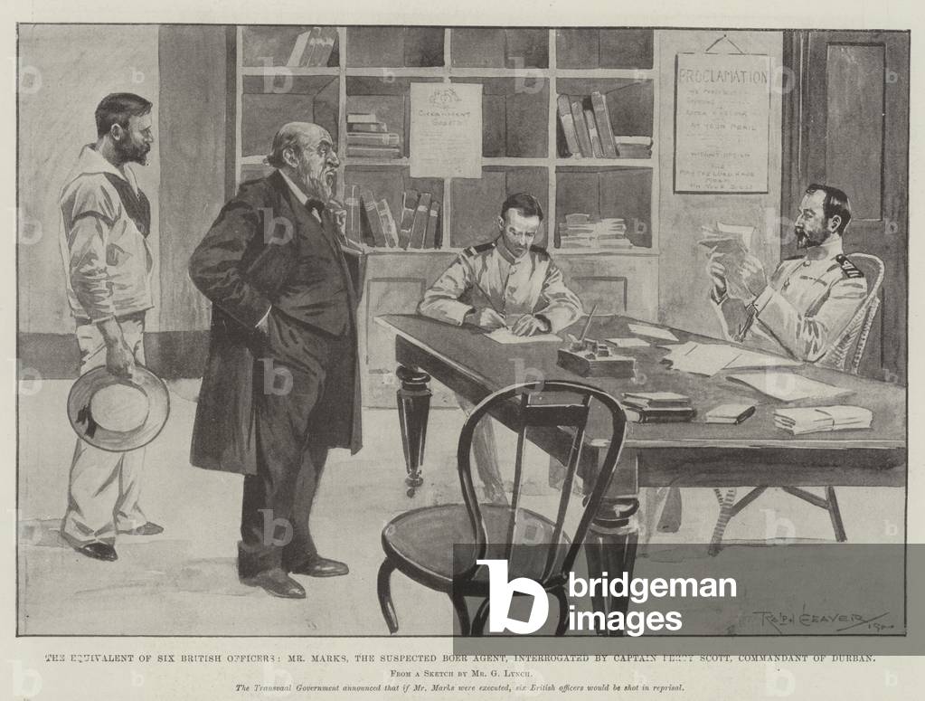 The Equivalent of Six British Officers, Mr Marks, the Suspected Boer Agent, interrogated by Captain Percy Scott, Commandant of Durban (litho)