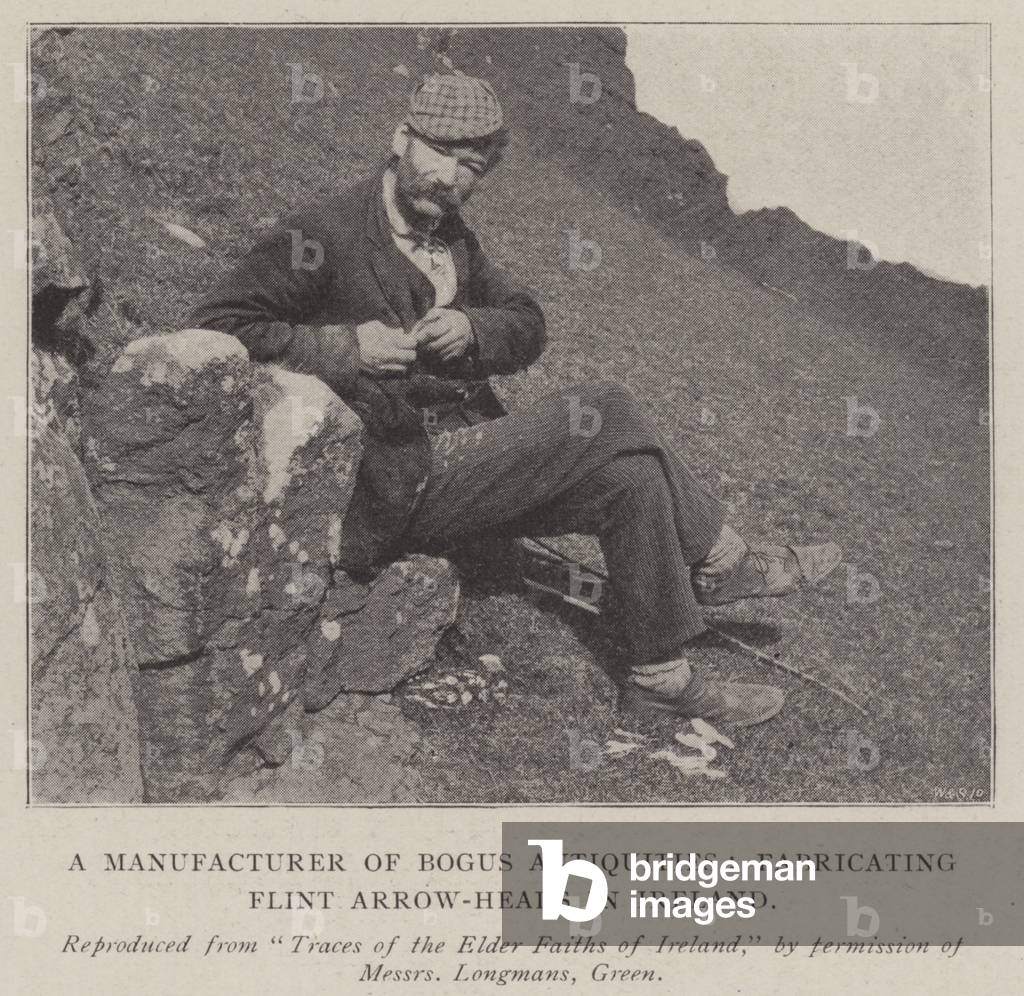 A Manufacturer of Bogus Antiquities, fabricating Flint Arrow-Heads in Ireland (b/w photo)