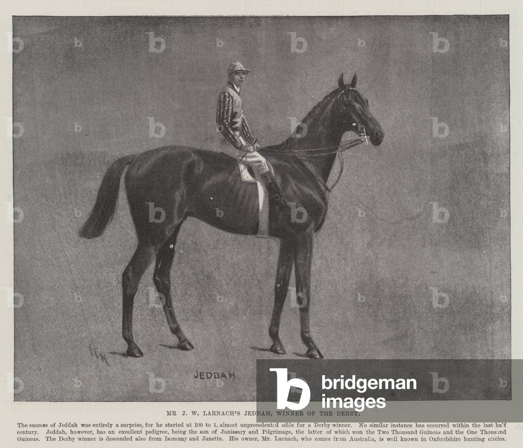 Mr J W Larnach's Jeddah, Winner of the Derby (litho)