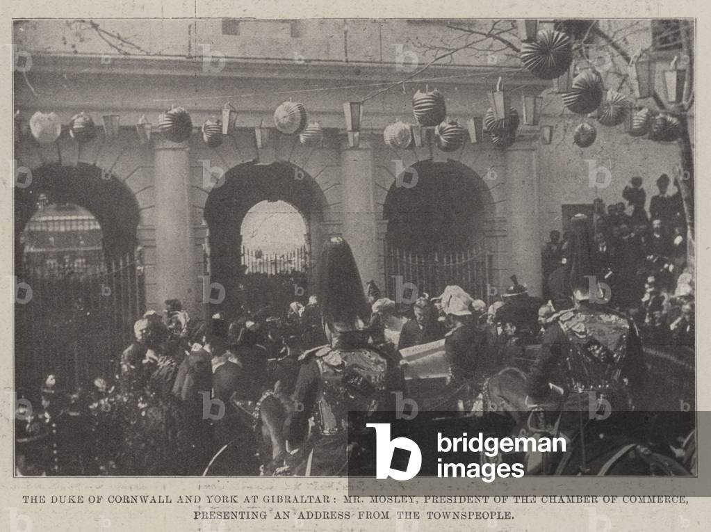 The Duke of Cornwall and York at Gibraltar, Mr Mosley, President of the Chamber of Commerce, presenting an Address from the Townspeople (b/w photo)