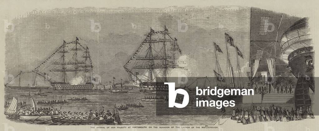 The Arrival of Her Majesty at Portsmouth on the Occasion of the Launch of the Marlborough (engraving)