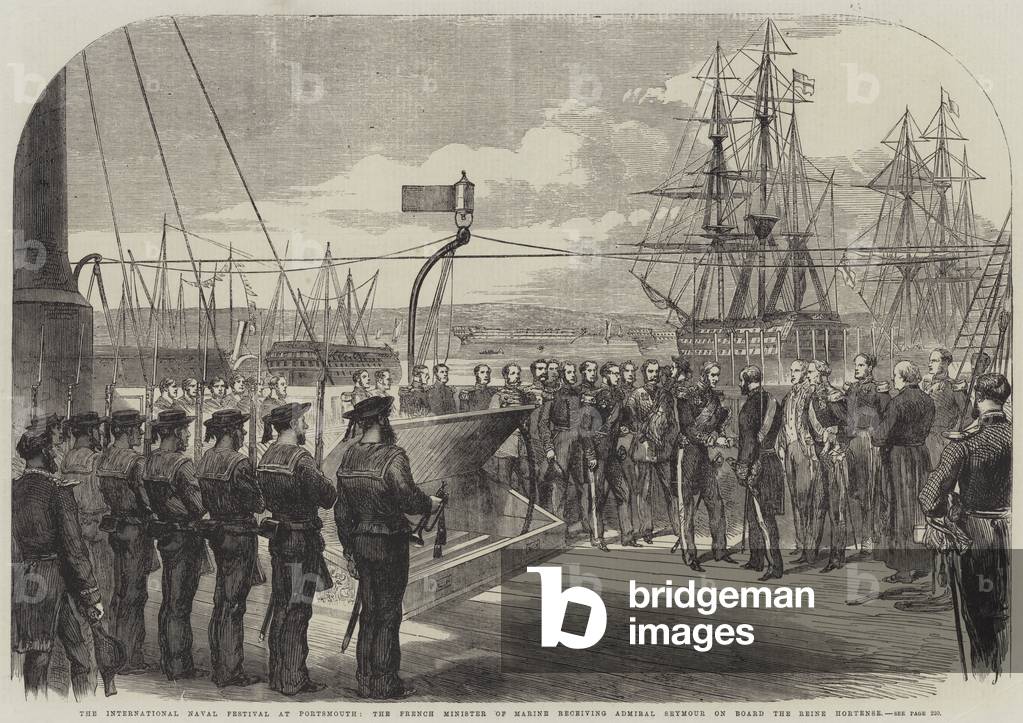 The International Naval Festival at Portsmouth, the French Minister of Marine receiving Admiral Seymour on Board the Reine Hortense (engraving)
