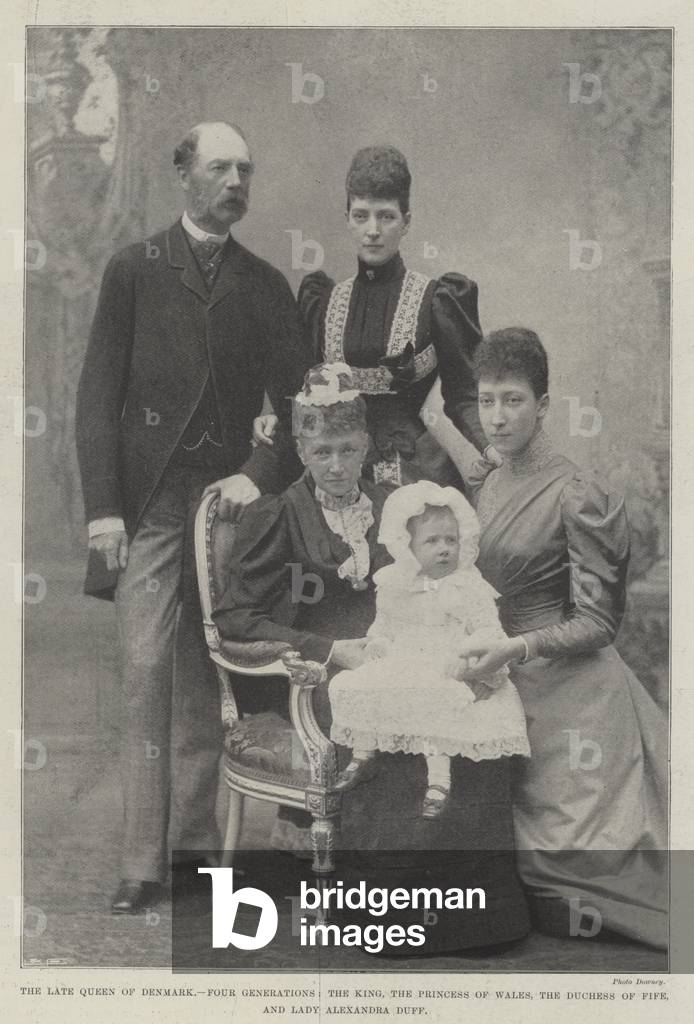The late Queen of Denmark, Four Generations, the King, the Princess of Wales, the Duchess of Fife, and Lady Alexandra Duff (b/w photo)