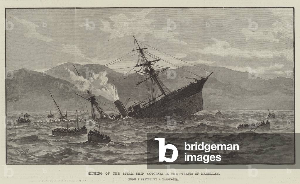 Sinking of the Steam-Ship Cotopaxi in the Straits of Magellan (engraving)