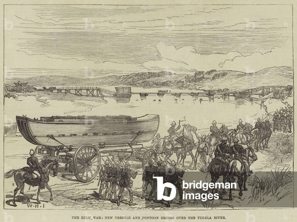 The Zulu War, New Trestle and Pontoon Bridge over the Tugela River (engraving)